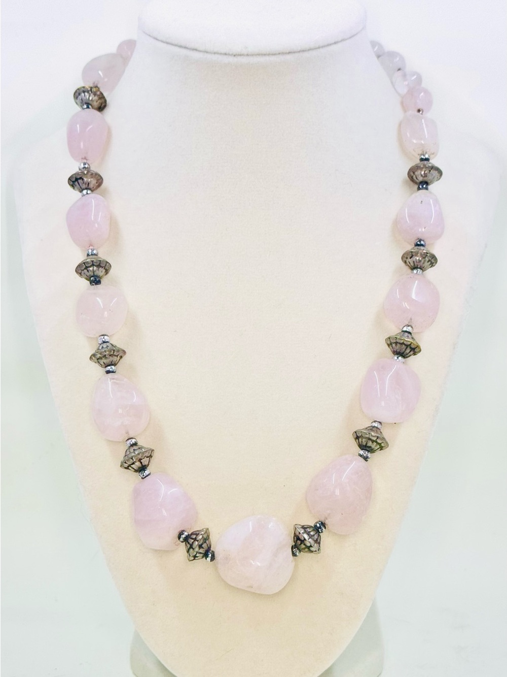 Natural Genuine Rose Quartz & Silver Tone Chunky Beaded Necklace 20”